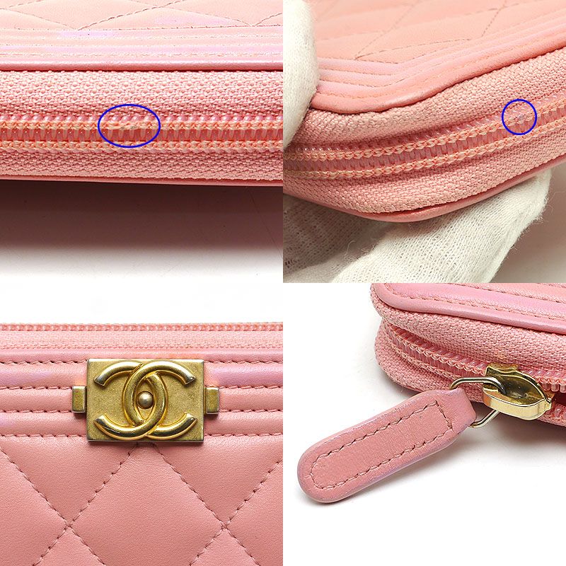 Chanel Round Zip Long Wallet Boy Chanel Coco Mark Pink Authenticity With Box