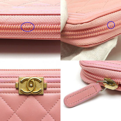 Chanel Round Zip Long Wallet Boy Chanel Coco Mark Pink Authenticity With Box