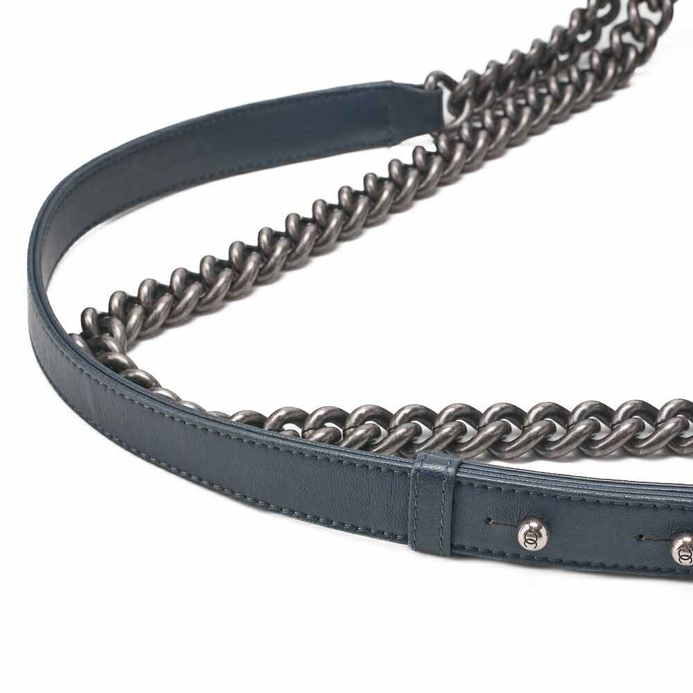 Chanel Boy Chanel V-stitched Chain Shoulder Denim Large Size Blue (silva