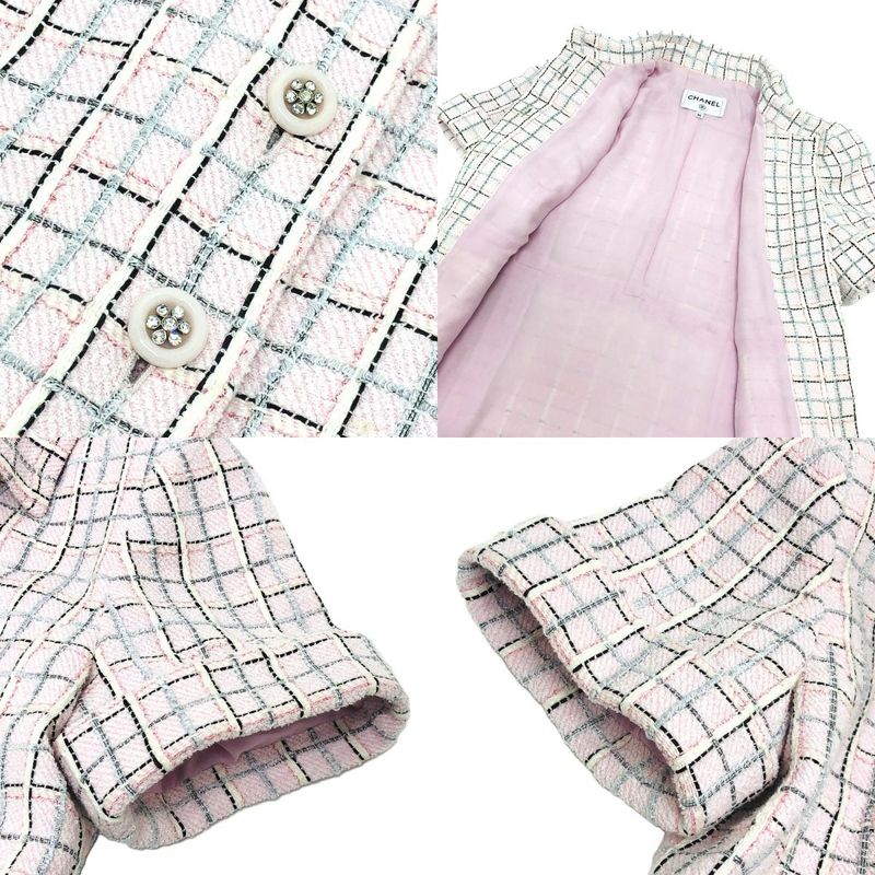 Chanel Jacket P78912v Tweed Pink Dress Buttown Down Pastel White