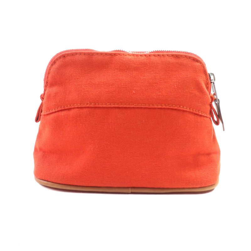 Hermes Bolide Pouch Mini 100% Cotton H Logo Embroidery Leather Use Cosmetic