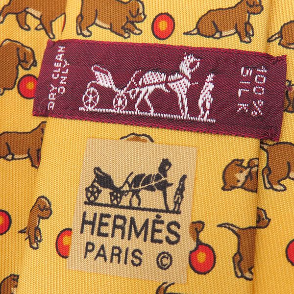 Hermes Necktie 9cm (3.54in) Silk Yellow Dog Ball All Over Animal Pattern [box