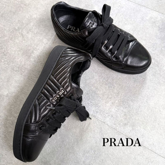 Prada Quilted Leather Logo Sneakers 36 Women's Black Silver 23cm (9.06in)