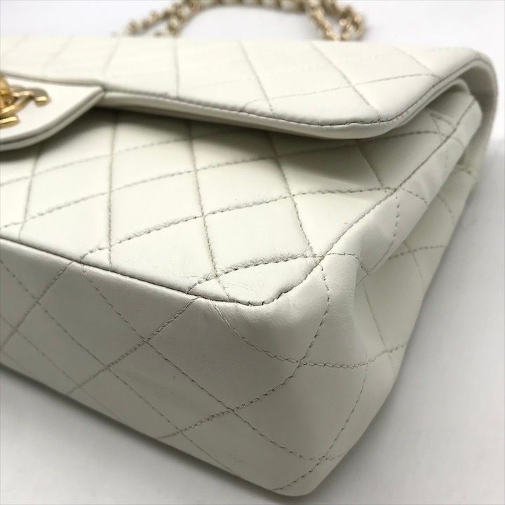 Chanel CC Logo Turnlock Lambskin Double Flap Chain Shoulder Bag White