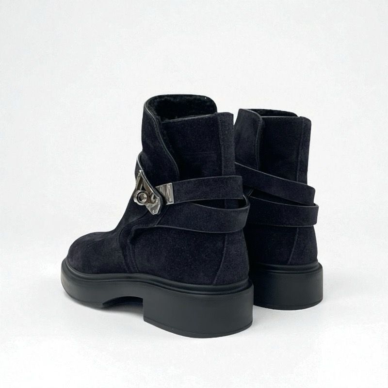 Hermes Veo Boots Short Boots Shoes Suede Mouton Black Silver Kelly Hardware