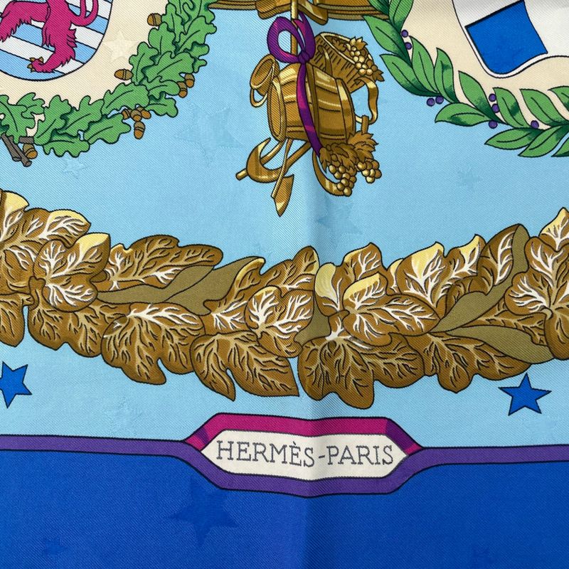 Hermes Carre 90 Emblemes De L'europe European Emblem Scarf Silk Blue