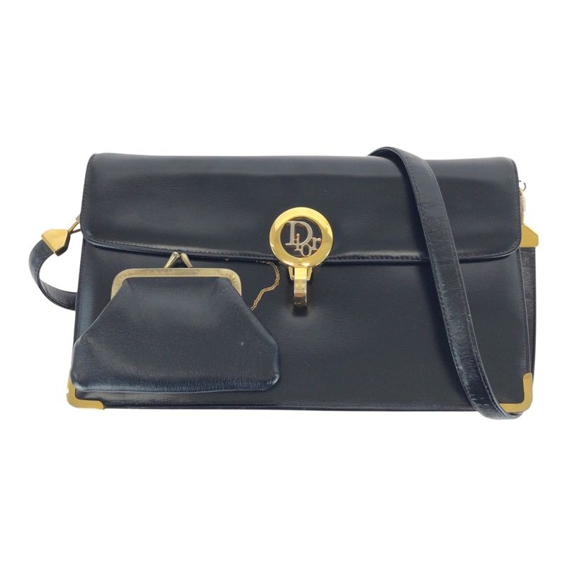 DIOR Vintage Black Gold Hardware Leather Shoulder Bag Pochette Women 505161