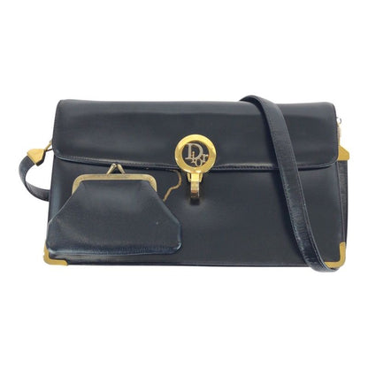 DIOR Vintage Black Gold Hardware Leather Shoulder Bag Pochette Women 505161
