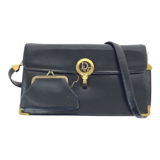 DIOR Vintage Black Gold Hardware Leather Shoulder Bag Pochette Women 505161