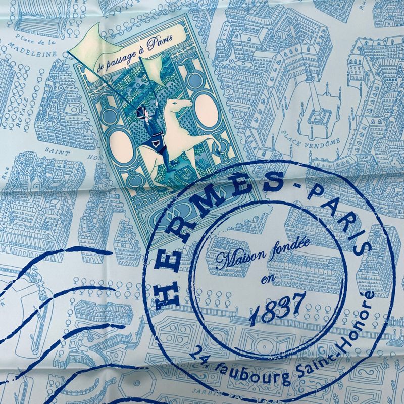 Grade Hermes Carre 90 De Passage A Paris Blue 100% Silk Scarf
