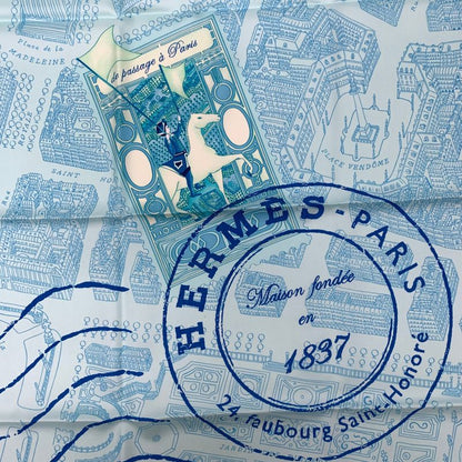 Grade Hermes Carre 90 De Passage A Paris Blue 100% Silk Scarf