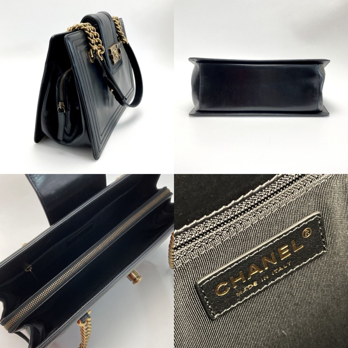 Chanel Boy Chanel Chain Tote Bag Black Leather Coco Mark One Shoulder