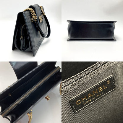 Chanel Boy Chanel Chain Tote Bag Black Leather Coco Mark One Shoulder