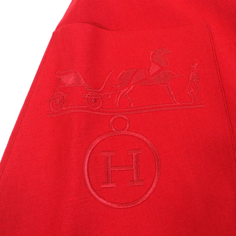 Hermes 100% Linen Front Button Flared Skirt With Caleche Embroidery Red 38 Made