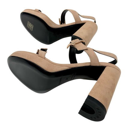 Hermes Sandals Shoes Suede Pink Beige Pink Gold H Buckle Bijou Strap