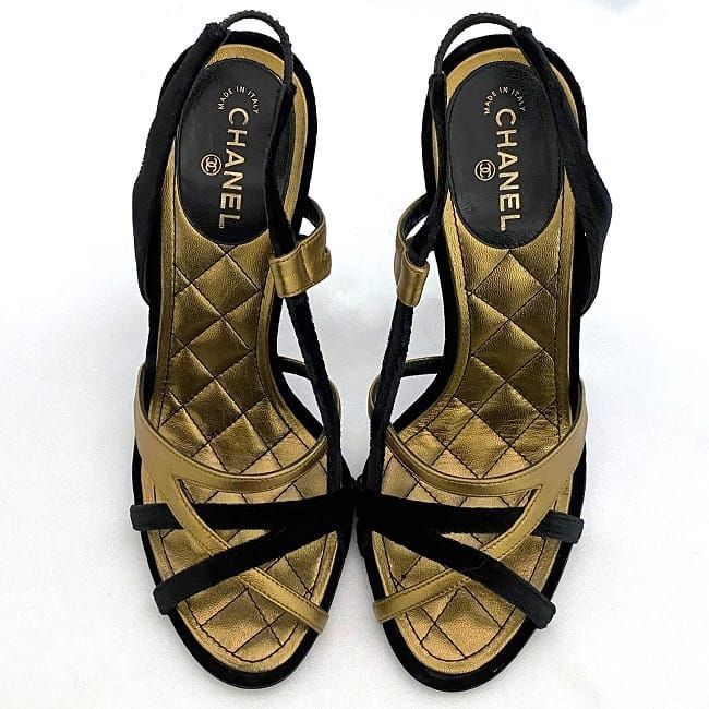 Chanel Mule Sandals Gold Black Matelasse