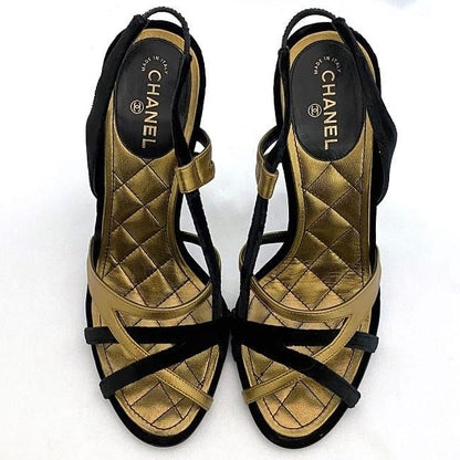 Chanel Mule Sandals Gold Black Matelasse