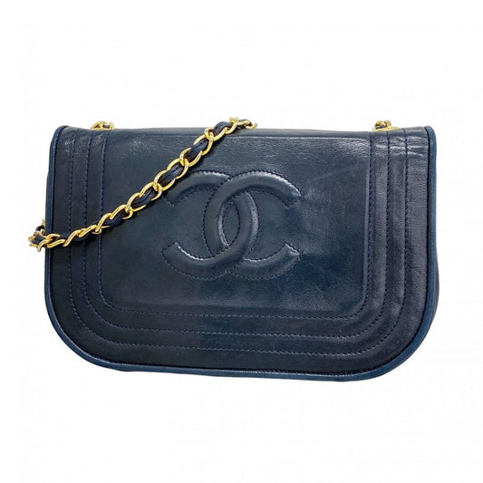 Chanel Shoulder Bag Lambskin Navy Gold Hardware Women