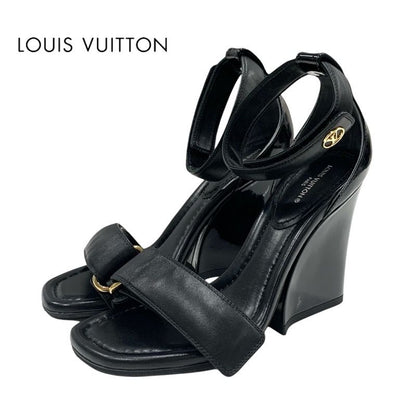 Louis Vuitton Stellar Line Sandals Shoes Leather Patent Black Gold Logo Strap