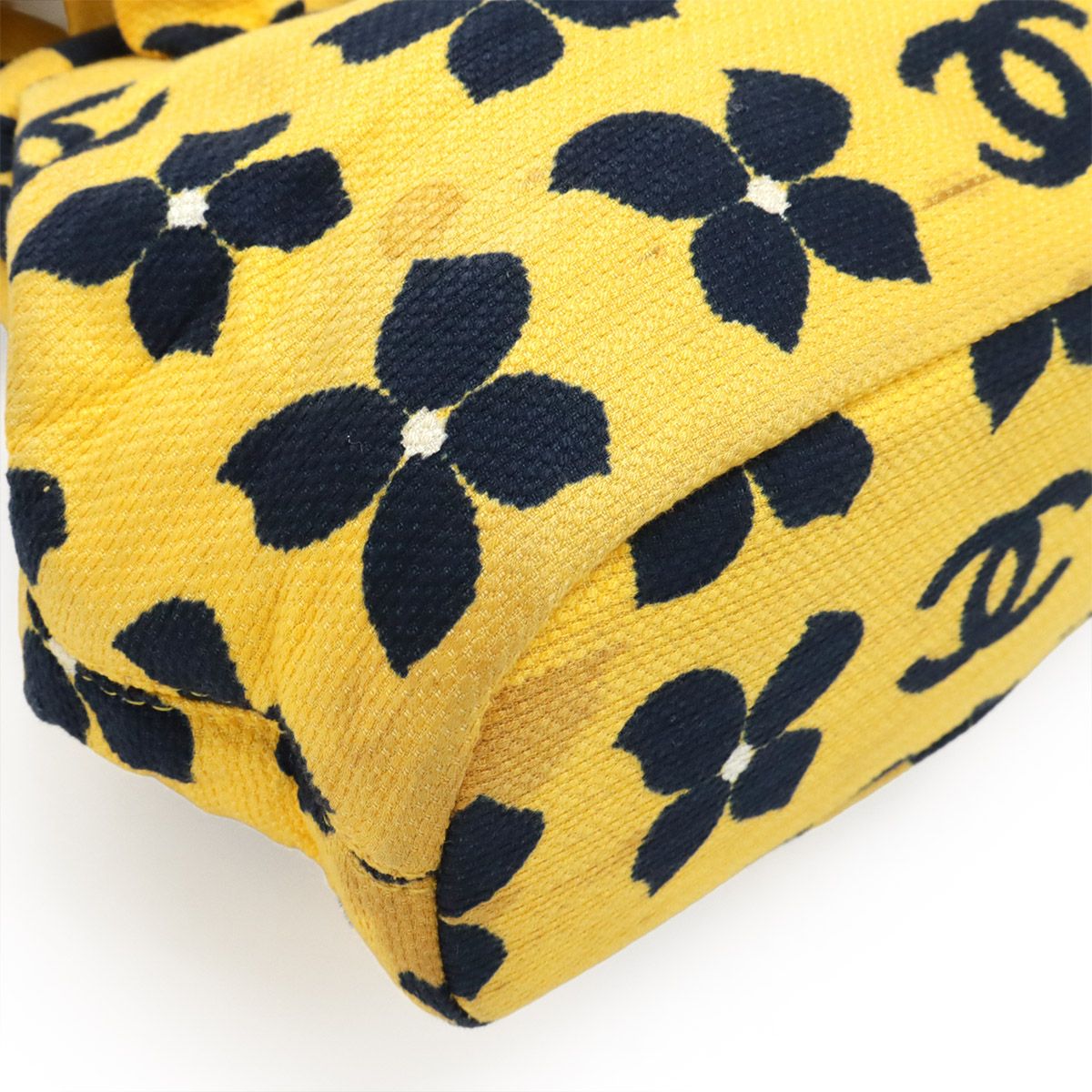 Chanel Coco Mark Flower Handbag Gusset Gusset Canvas Yellow Yellow Navy Navy