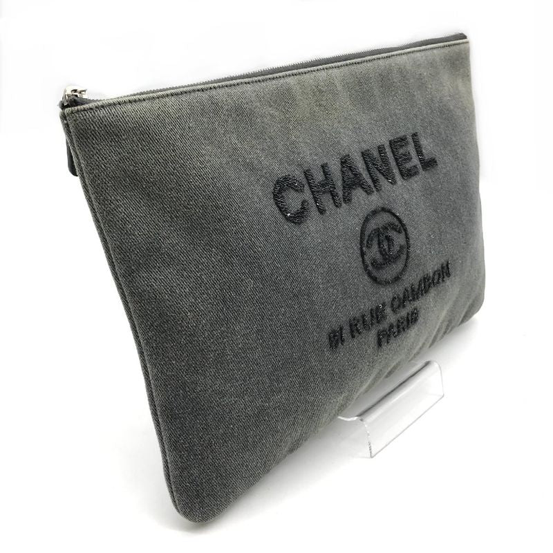 Chanel CC Logo Deauville Denim Sequin Clutch Gray Jeans