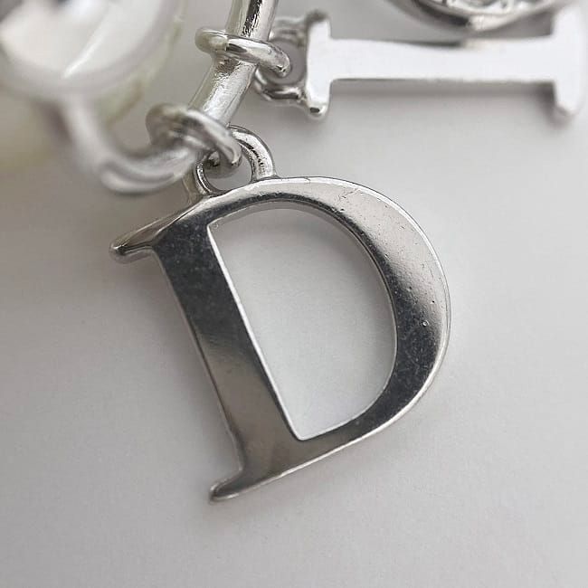 Christian Dior Logo Earrings Silver Pearl White Excellent Condition