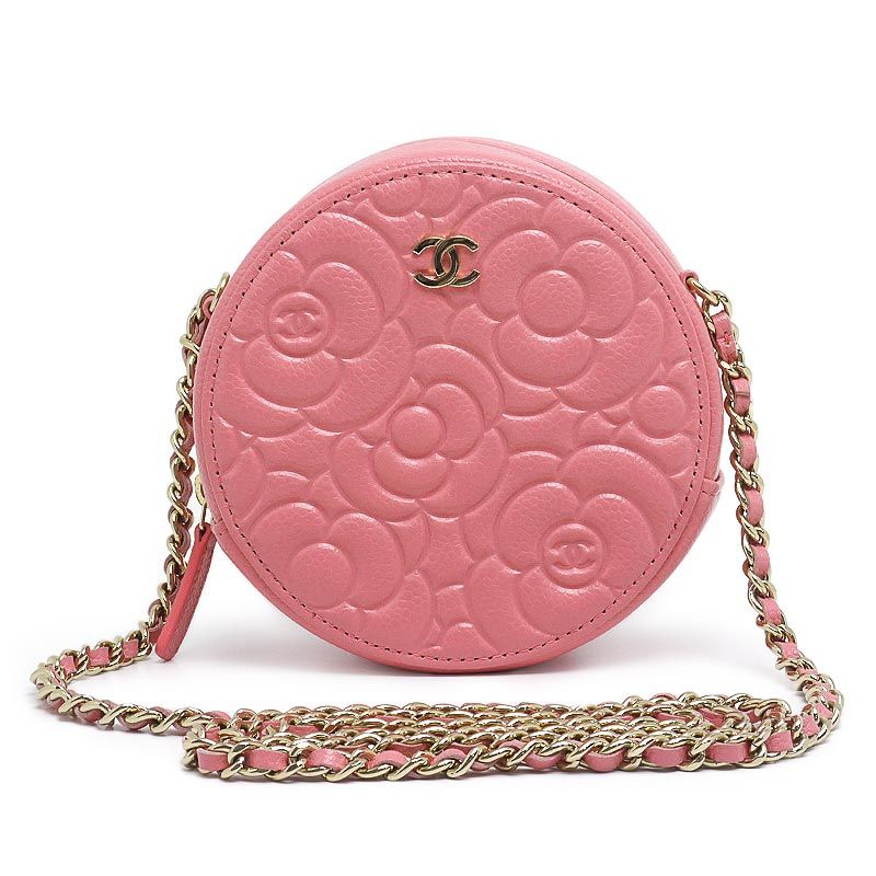 Chanel Camellia Chain Shoulder Bag Pink Mini Round Crossbody