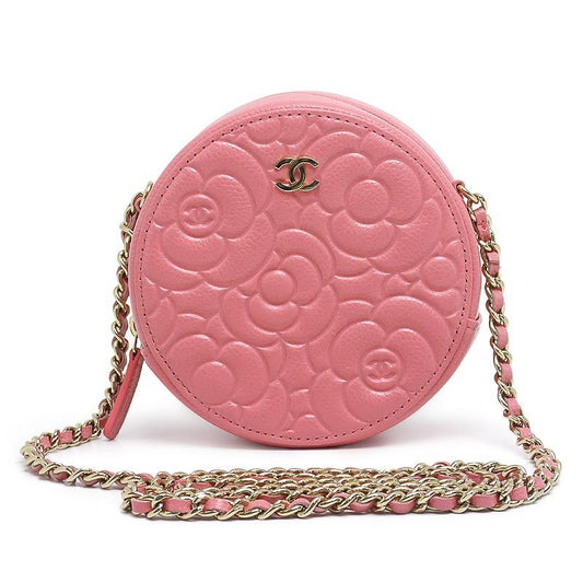 Chanel Camellia Chain Shoulder Bag Pink Mini Round Crossbody