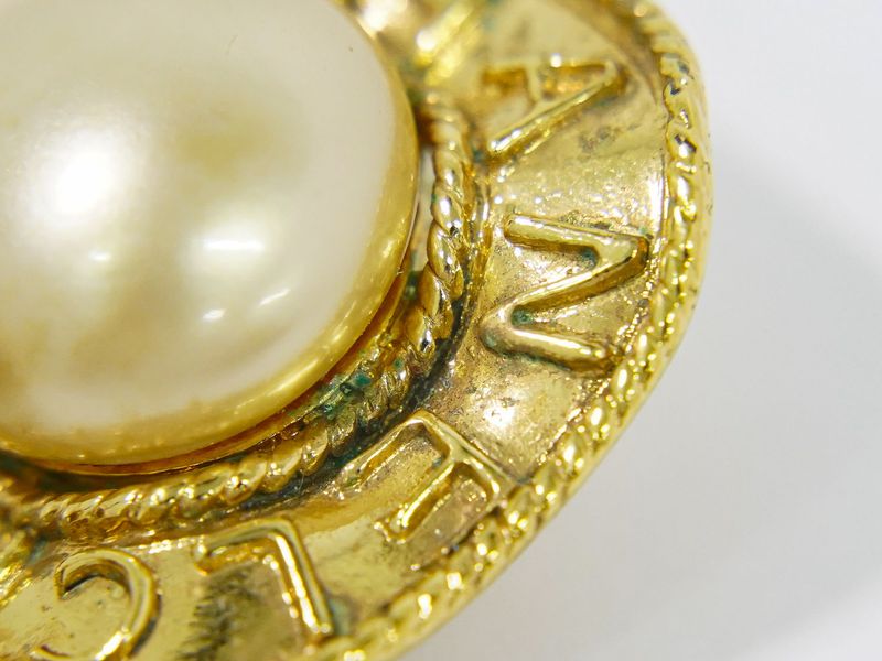Authentic Chanel Logo Faux Pearl Earrings GP Gold Plated White Accessories