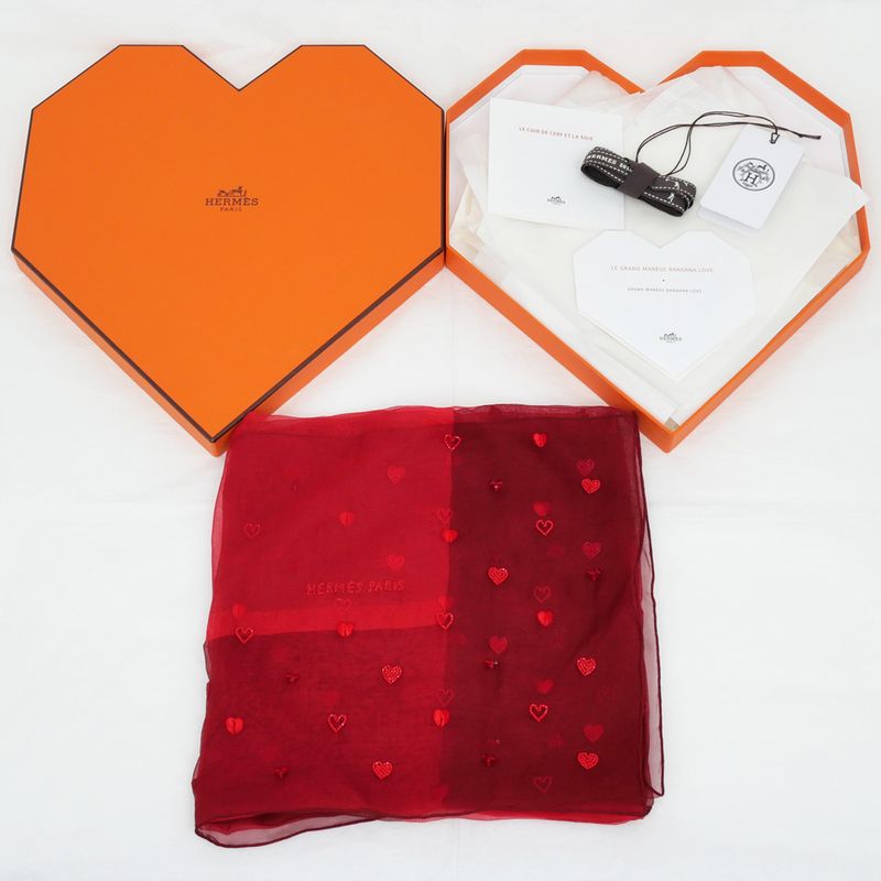 Hermes Grand Manage Bandana Love Carre 65 Silk Muslin Embroidery Beads
