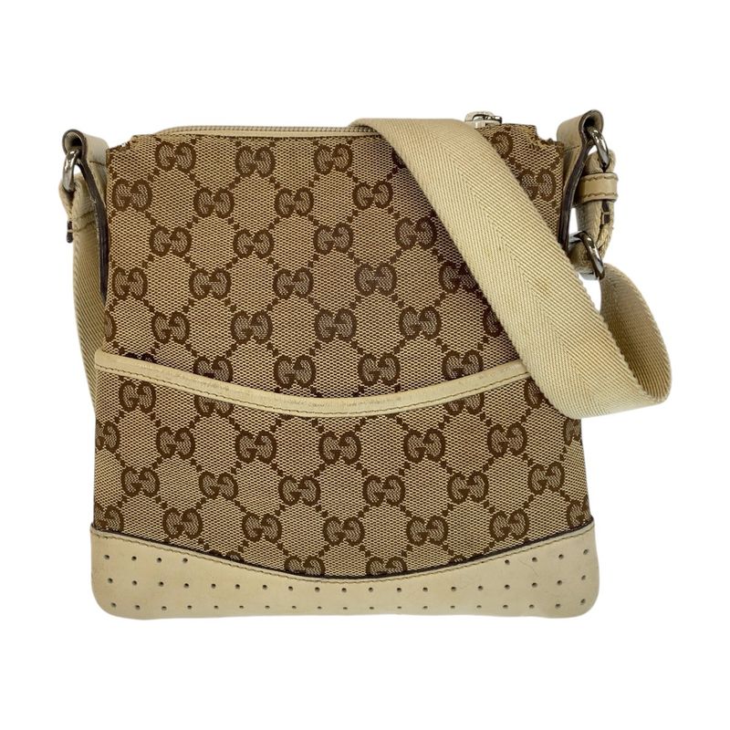 Gucci Beige White Silver Hardware GG Canvas/leather 147671 Shoulder Bag