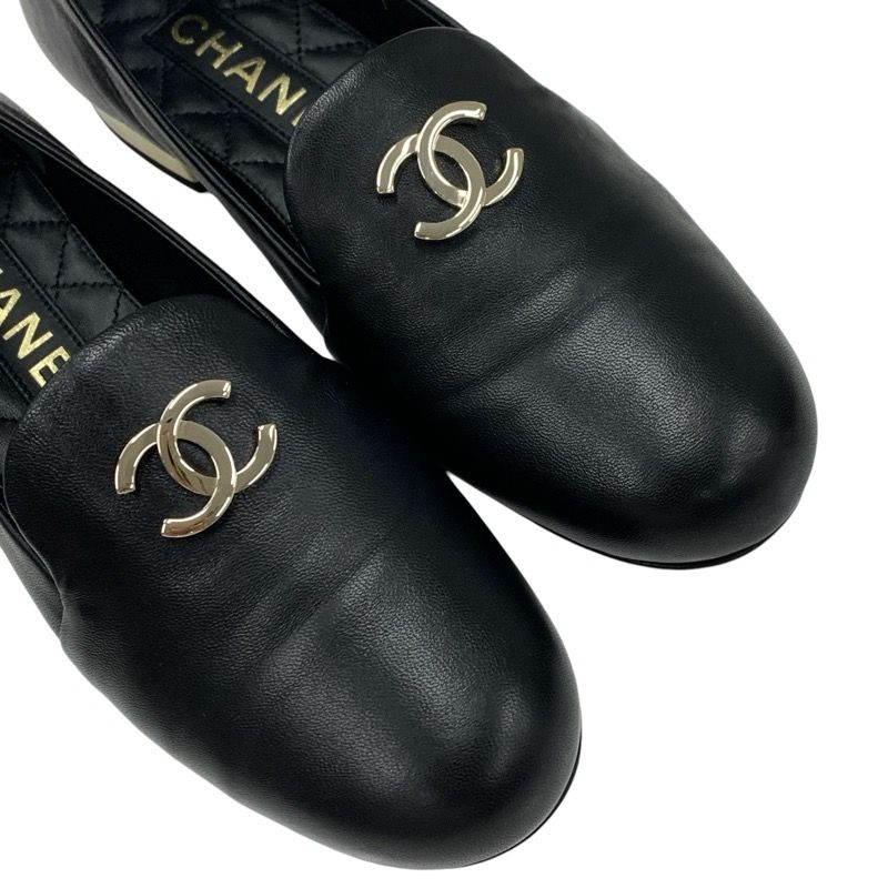 Chanel Loafers Leather Shoes Lambskin Black Gold Opera Shoes Flat Shoes Here