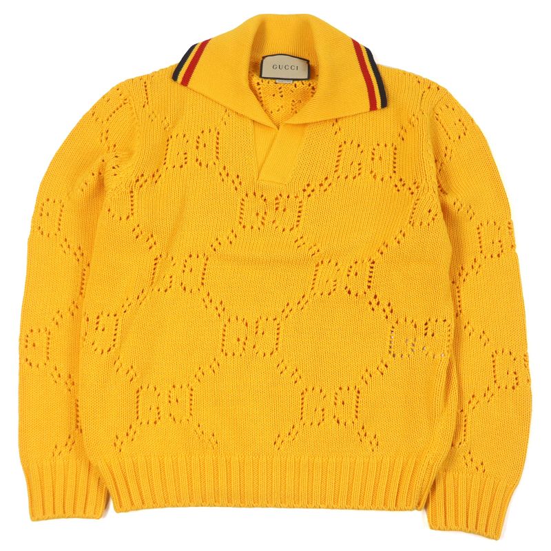Gucci 737654 100% Cotton Perforated GG Webline Sweater Long Sleeve Knit Yellow