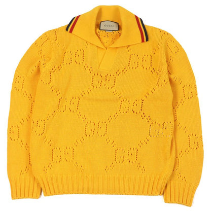 Gucci 737654 100% Cotton Perforated GG Webline Sweater Long Sleeve Knit Yellow