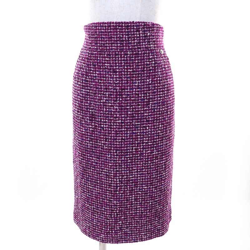 CHANEL 09P P35515 Coco Mark Plate Cotton Tweed Tight Skirt Purple 44 Made In