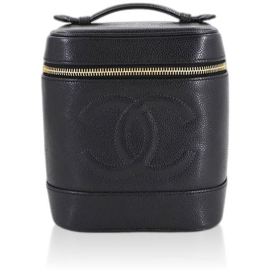 Chanel Vanity Hand Bag Caviar Leather Black CC Logo Gold