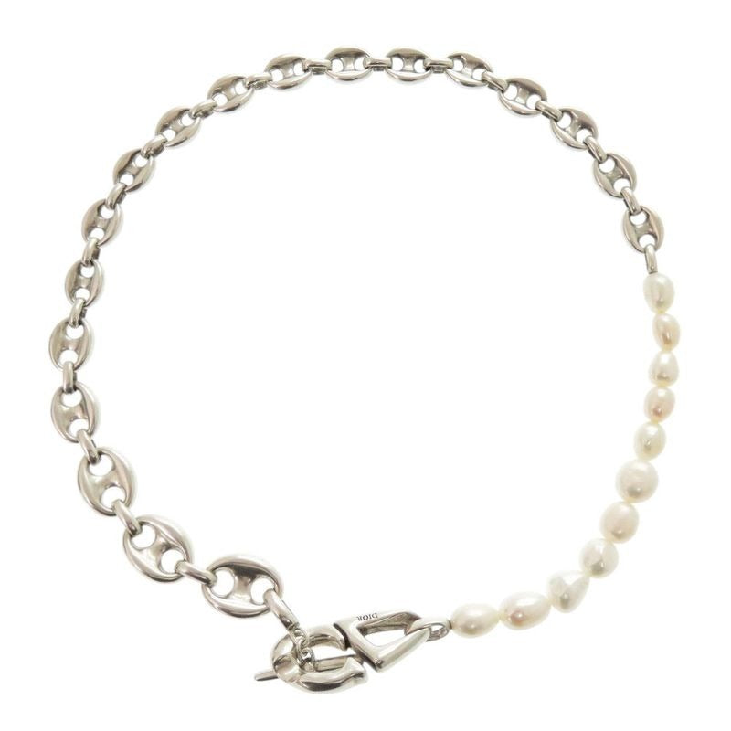 Christian Dior CD30 Brass Freshwater Pearl Silver White Necklace 1203