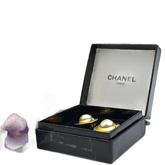 Chanel Earrings Faux Pearl Vintage Gold
