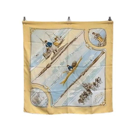 Hermes Scarf Carre 90 Gronland Greenland Eskimo Dog Sled Beige Multicolor