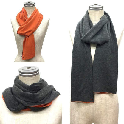 Hermes Echarpe Maille Scarf Shawl Reversible Cashmere Silk Gray Orange