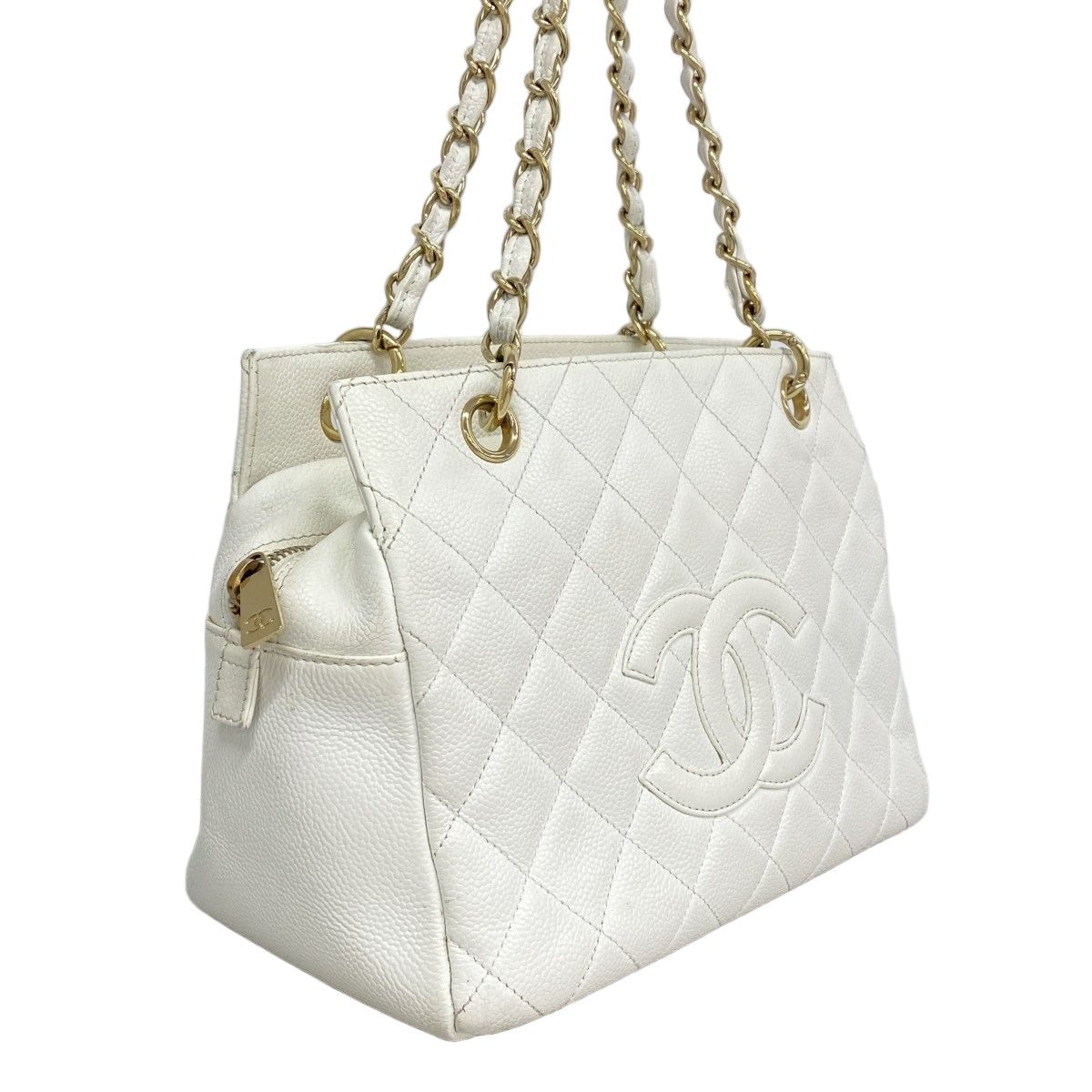Chanel Chain Tote Quilted Caviar Leather White Champagne Gold — view 2