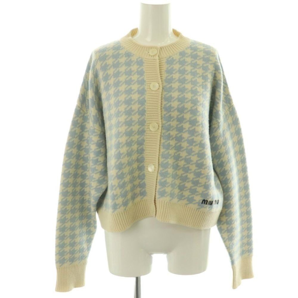 Miu Miu Miu Cashmere Logo Embroidery Houndstooth Cardigan Knit Long Sleeve 38