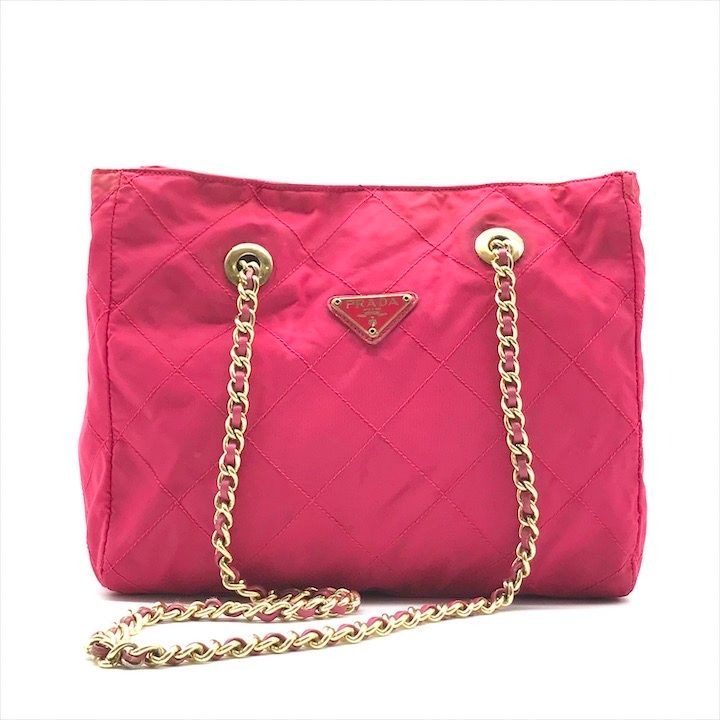Prada Triangle Logo Tessuto Nylon Quilted Chain Tote Pink