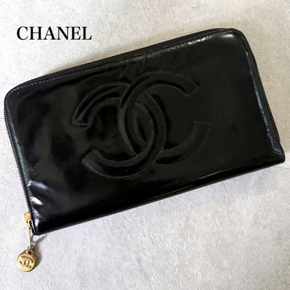Chanel Round Zipper Long Wallet Coco Patent Leather Decacoco Black