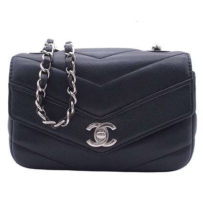 Chanel Chain Shoulder Bag Stitch CC Logo Navy Silver Caviar Leather