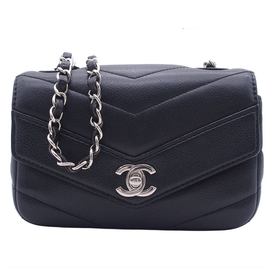 Chanel Chain Shoulder Bag Stitch CC Logo Navy Silver Caviar Leather
