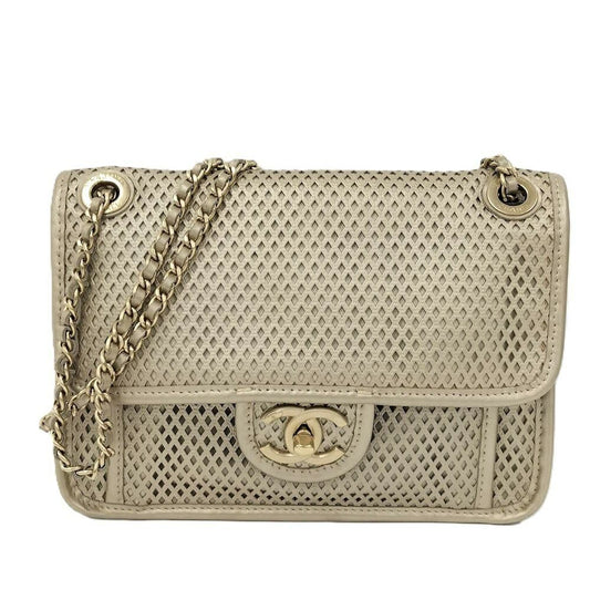 Chanel CC Logo Double Chain Shoulder Bag Leather Mesh Gold