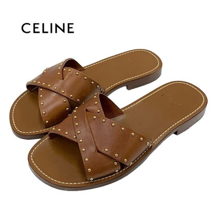 Celine Sandals Shoes Leather Brown Gold Flat Sandals Mules Studs