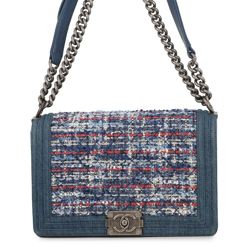 Chanel Chain Shoulder Bag CC Logo Bow Denim Tweed