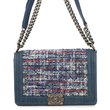 Chanel Chain Shoulder Bag CC Logo Bow Denim Tweed